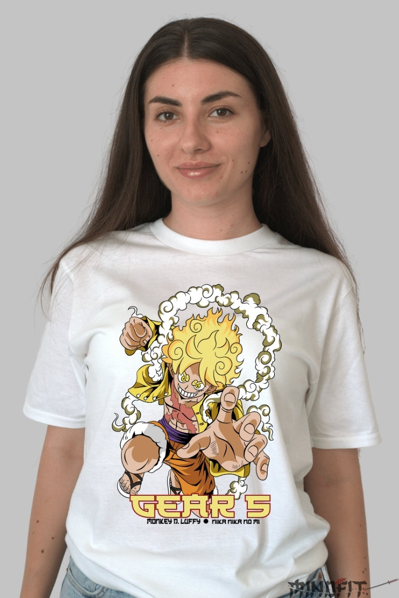 Tricou Anime One Piece - Luffy Gear 5 Explozie de Energie dama alb
