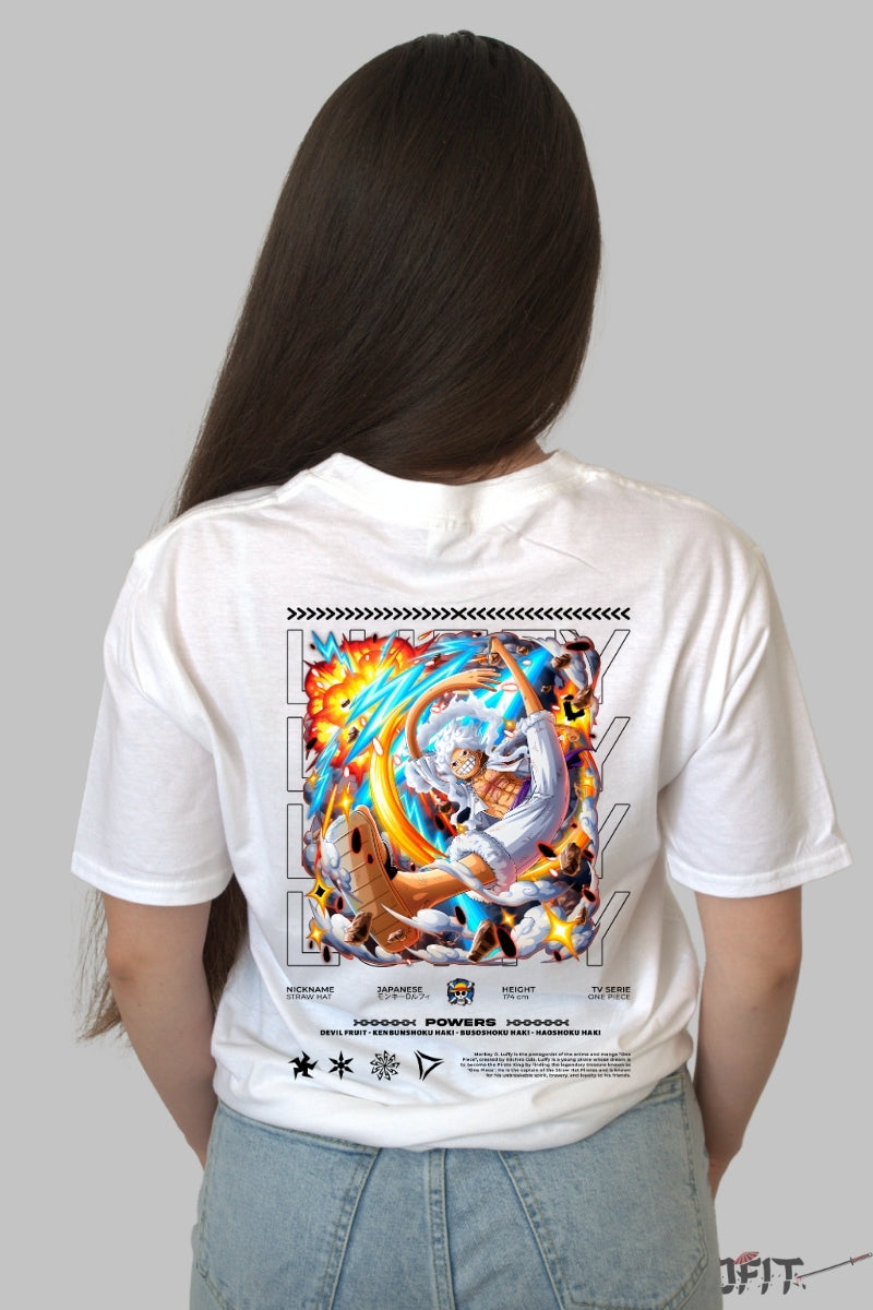 Tricou Anime One Piece - Luffy Gear 5 Explozie de Energie dama alb