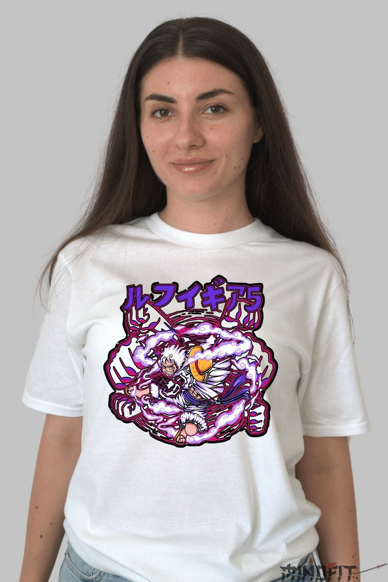 Tricou Anime One Piece - Luffy Gear 5 Impact dama alb