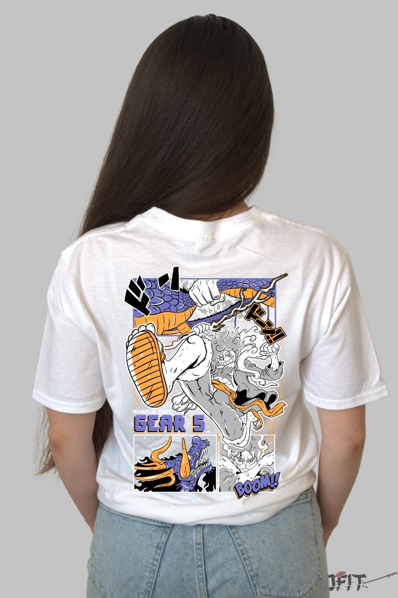 Tricou Anime One Piece - Luffy Gear 5 Impact dama alb