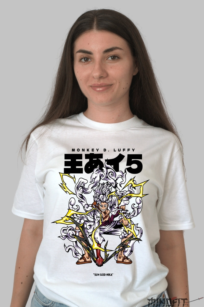 Tricou Anime One Piece - Luffy Gear 5 Lightning Rage dama alb