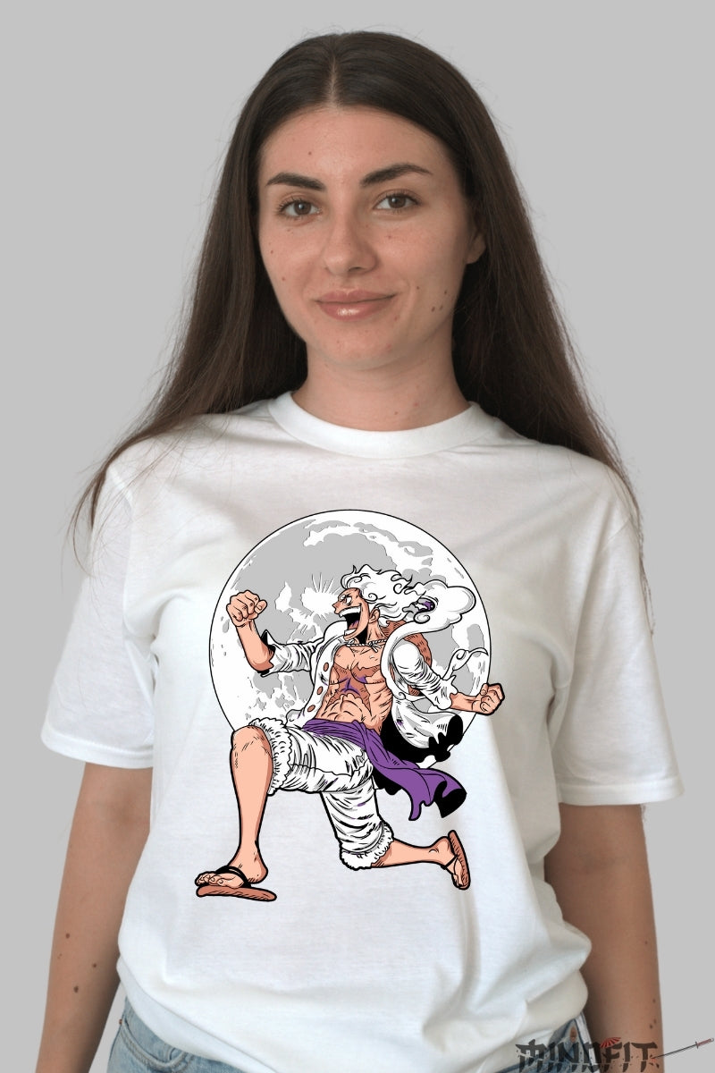 Tricou Anime One Piece - Luffy Gear 5 Moon Fury dama alb