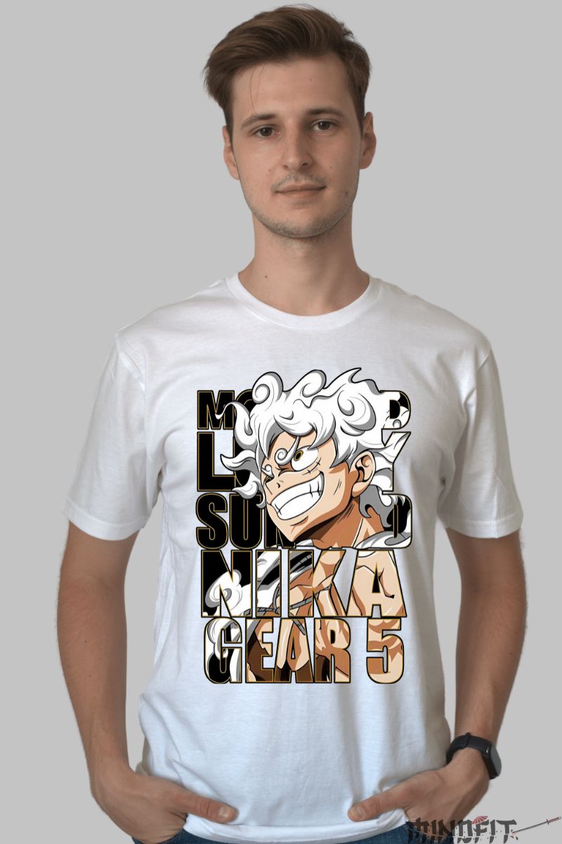 Tricou Anime One Piece Luffy Gear 5 Nika barbat alb