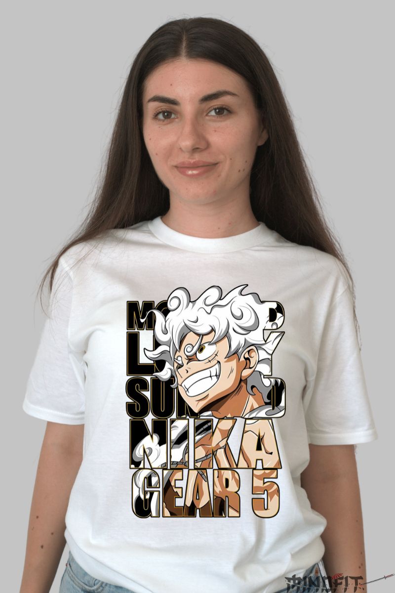 Tricou Anime One Piece Luffy Gear 5 Nika dama alb