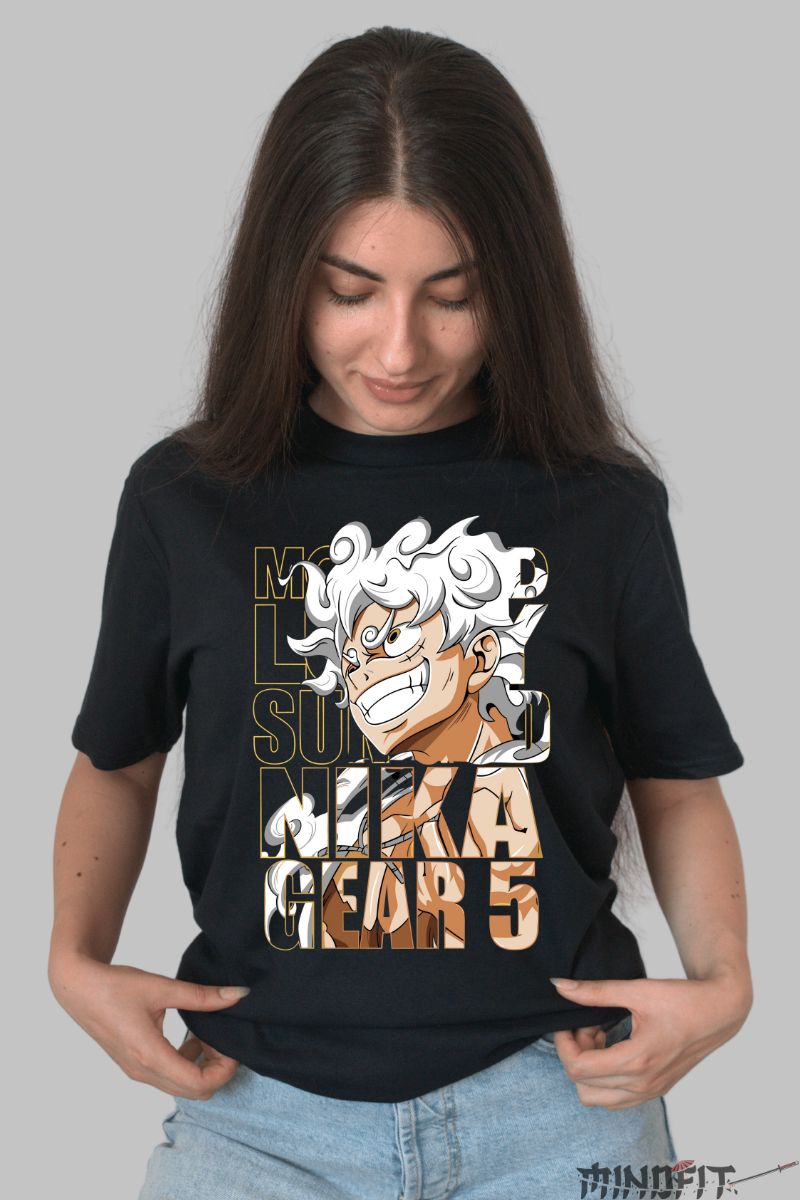 Tricou Anime One Piece Luffy Gear 5 Nika dama negru