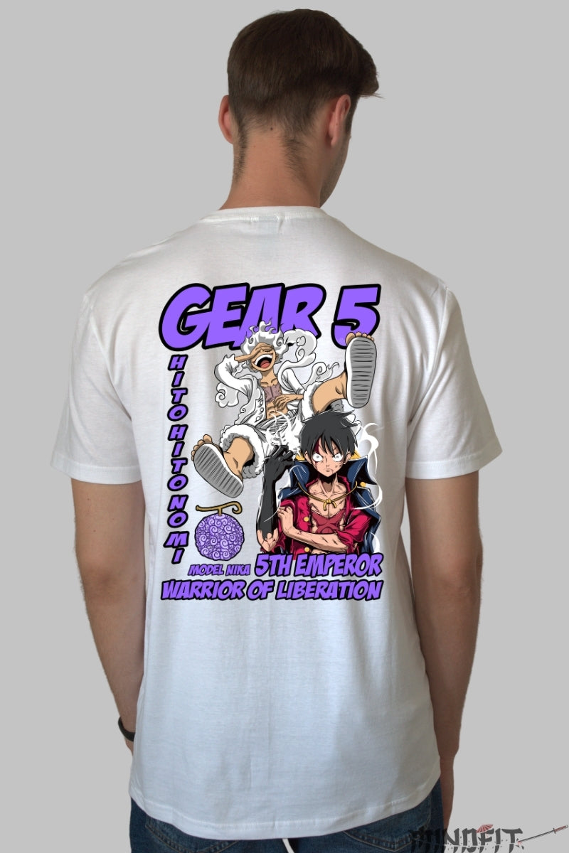 Tricou Anime One Piece - Luffy Gear 5 Nika Liberator barbat alb