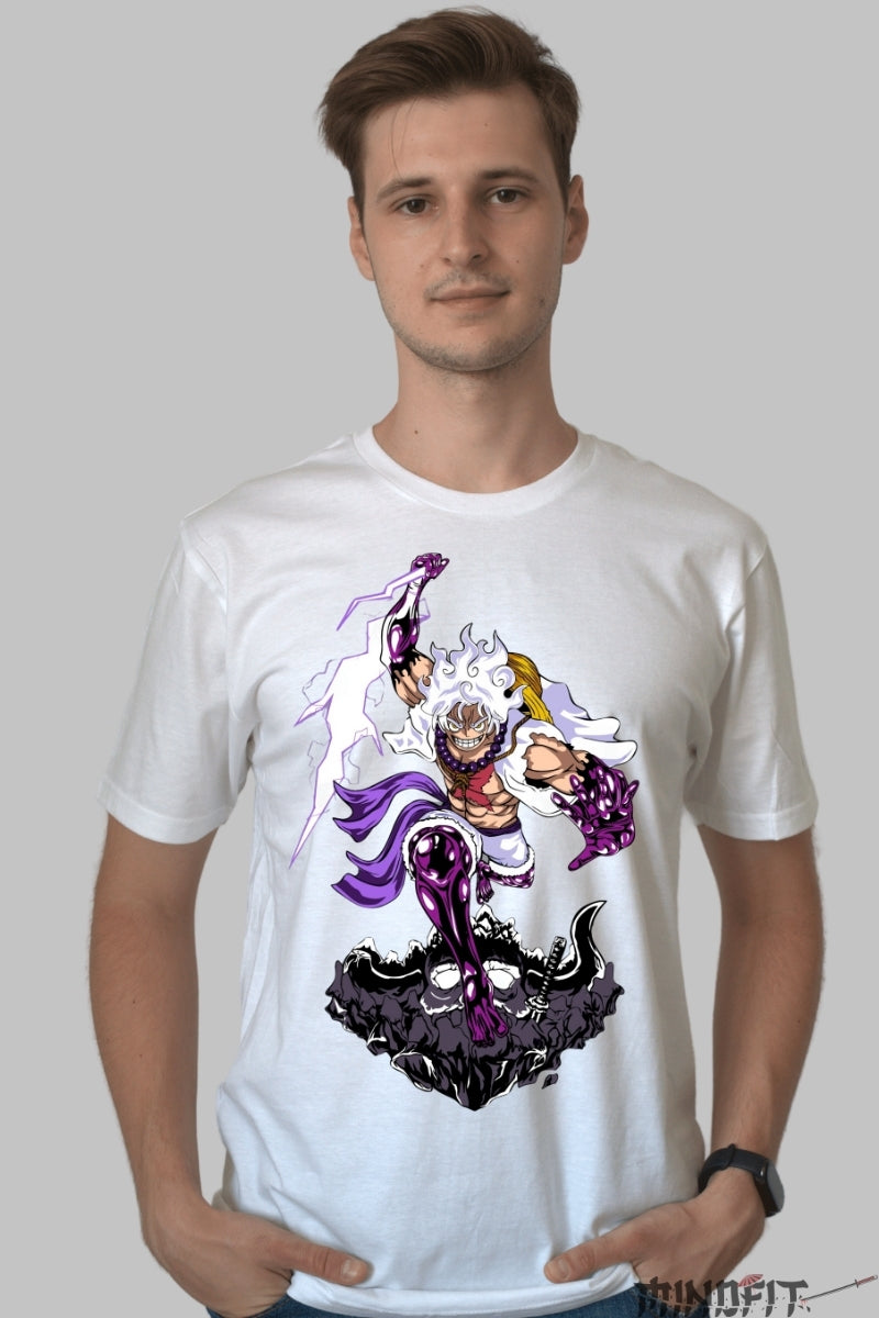 Tricou Anime One Piece - Luffy Gear 5 Thunder Strike barbat alb
