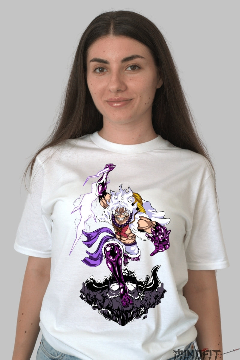 Tricou Anime One Piece - Luffy Gear 5 Thunder Strike dama alb