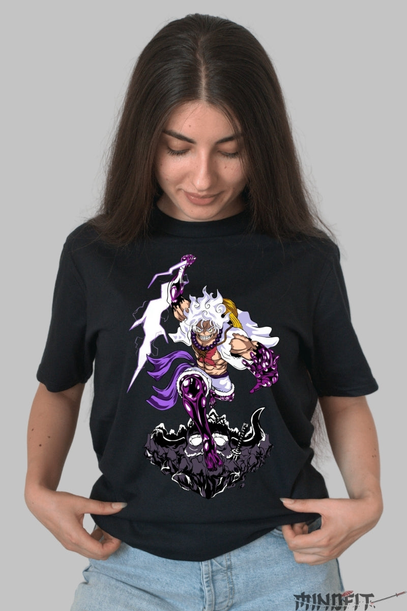 Tricou Anime One Piece - Luffy Gear 5 Thunder Strike dama negru
