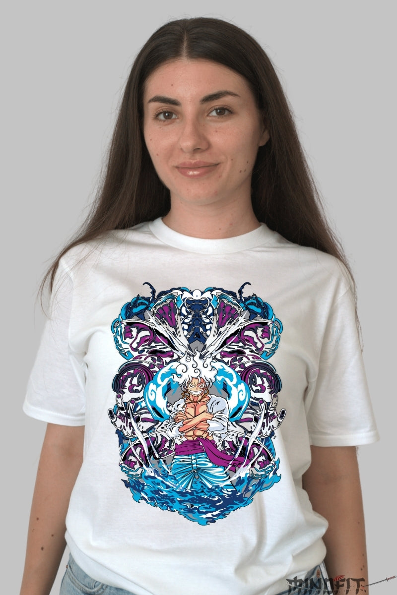 Tricou Anime One Piece - Luffy Gear Fifth Ascensiune Divina dama alb