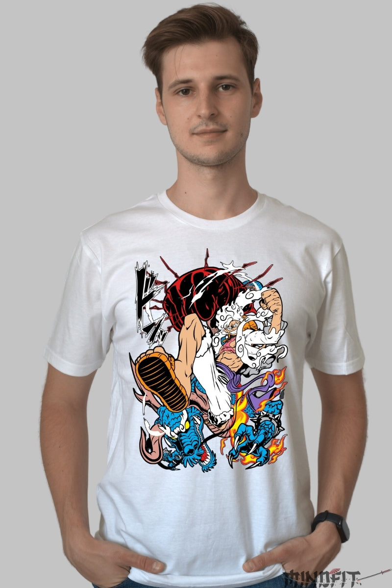 Tricou Anime One Piece - Luffy Gear Fifth Dragon Rage barbat alb