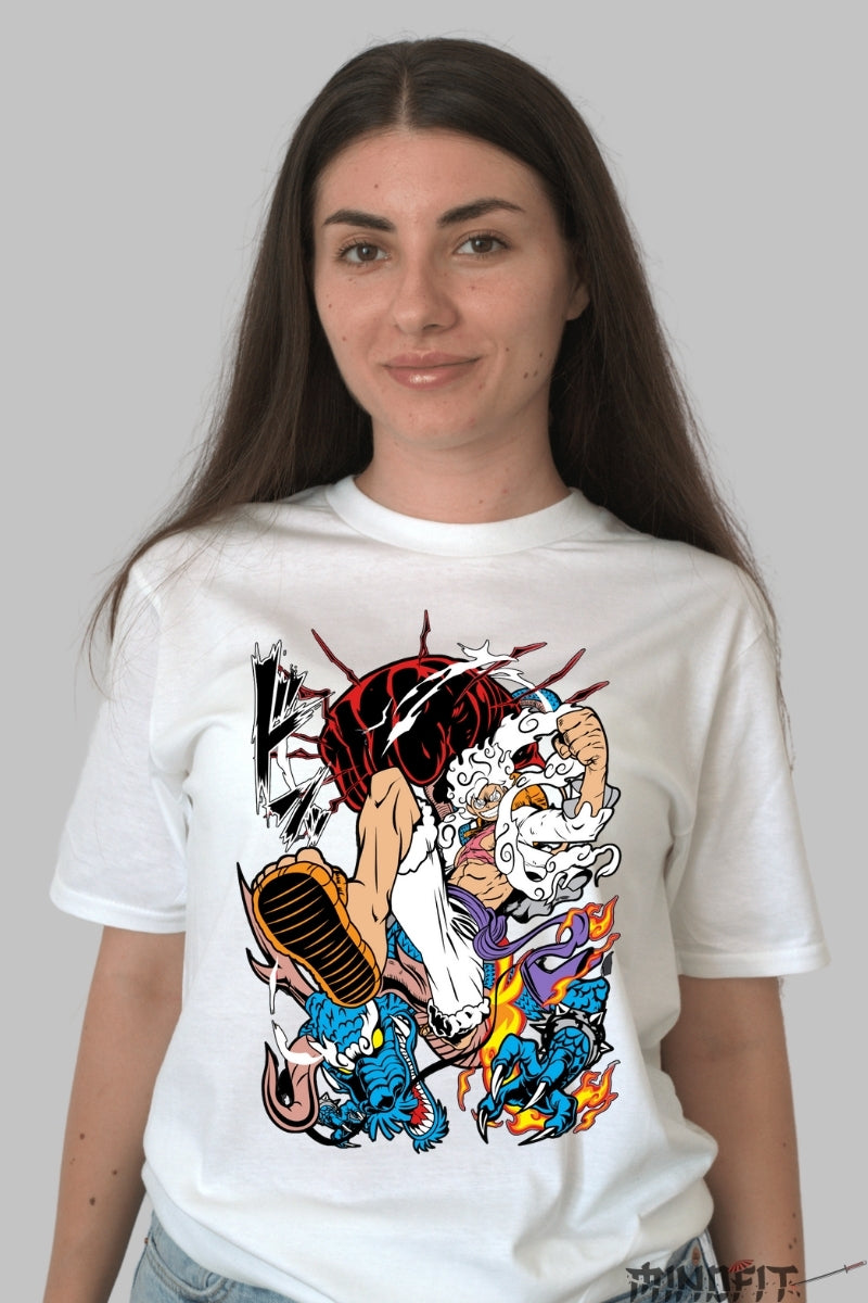 Tricou Anime One Piece - Luffy Gear Fifth Dragon Rage dama alb