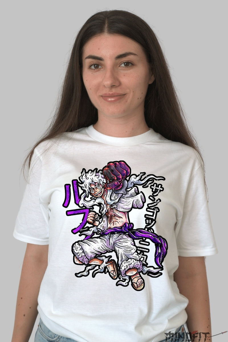 Tricou Anime One Piece - Luffy Gear Fifth Transformation dama alb