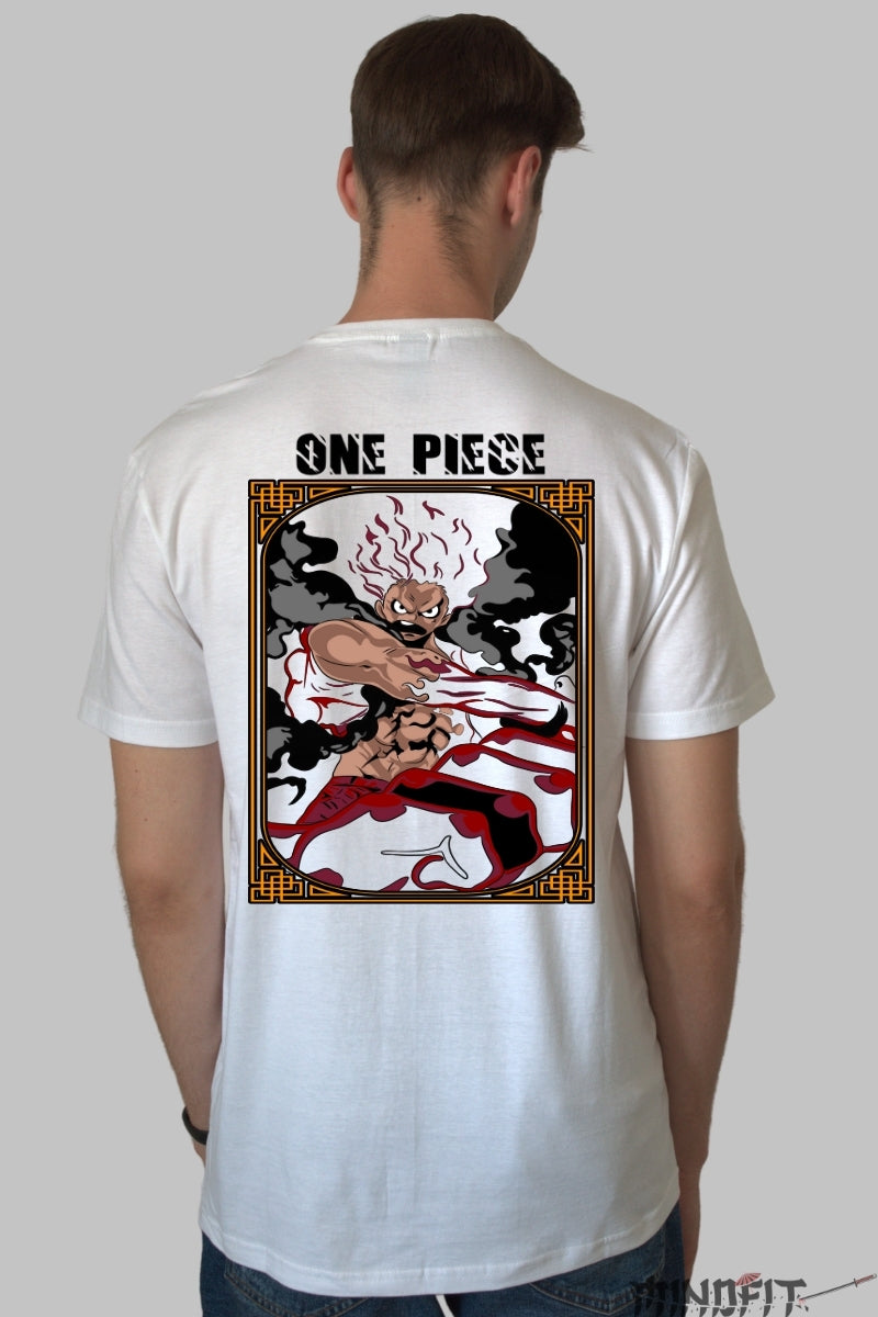 Tricou Anime One Piece - Luffy Gear Fourth Boundless Fury barbat alb