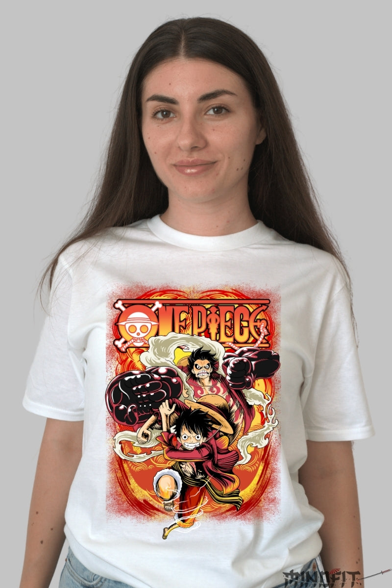 Tricou Anime One Piece - Luffy Gear Fourth Fire Rush dama alb