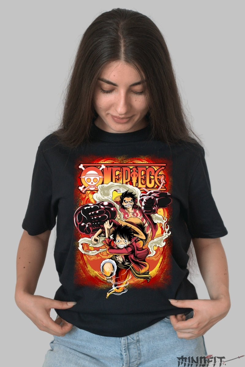 Tricou Anime One Piece - Luffy Gear Fourth Fire Rush dama negru