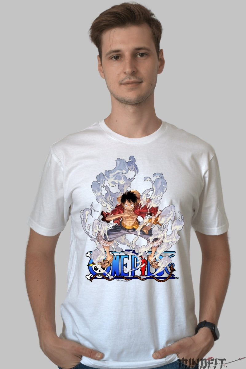 Tricou Anime One Piece - Luffy Gear Second Aura barbat alb