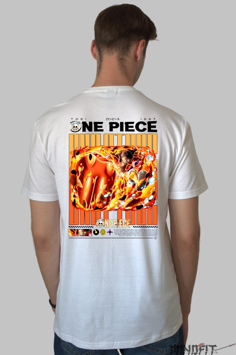 Tricou Anime One Piece - Luffy Gear Second Flame Fist barbat alb