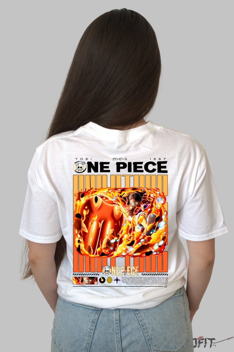 Tricou Anime One Piece - Luffy Gear Second Flame Fist dama alb