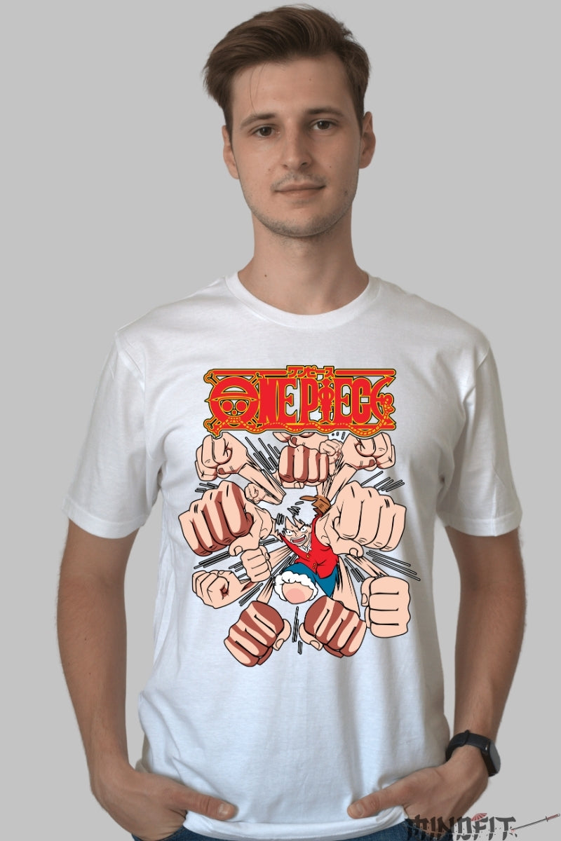 Tricou Anime One Piece - Luffy Gomu Gomu no Gatling barbat alb