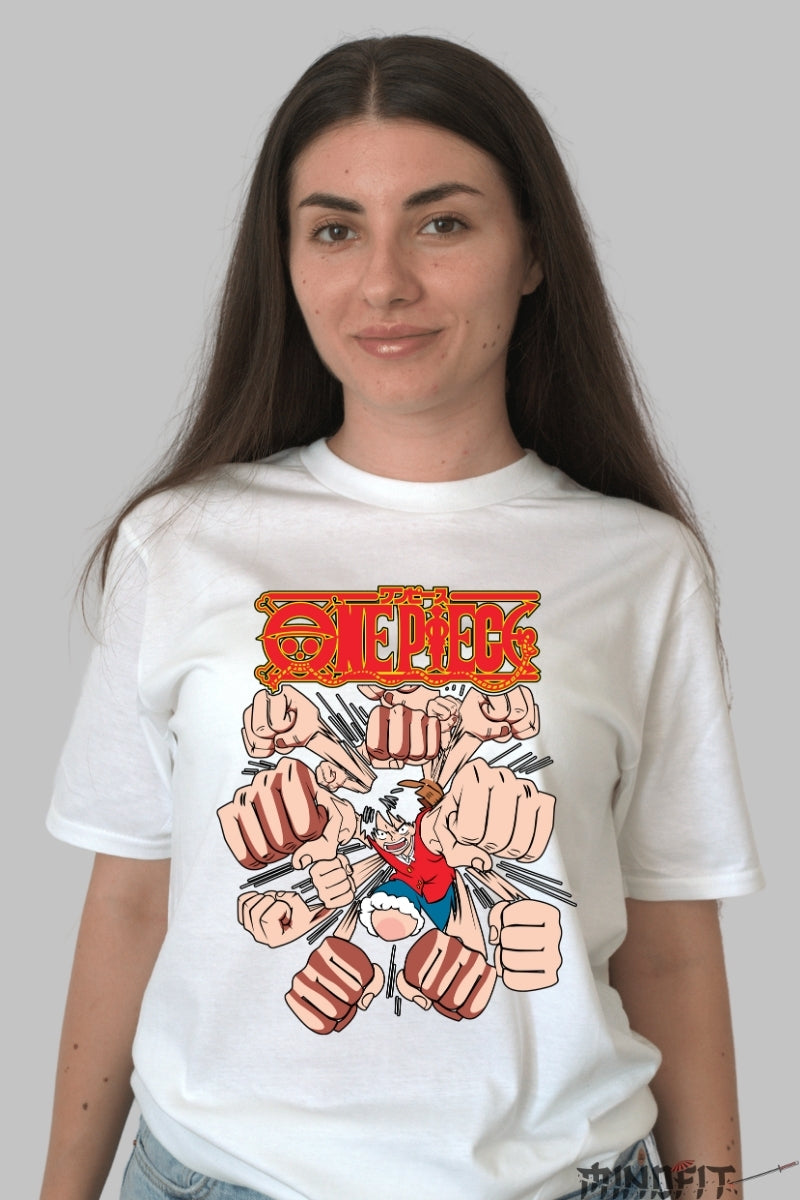 Tricou Anime One Piece - Luffy Gomu Gomu no Gatling dama alb