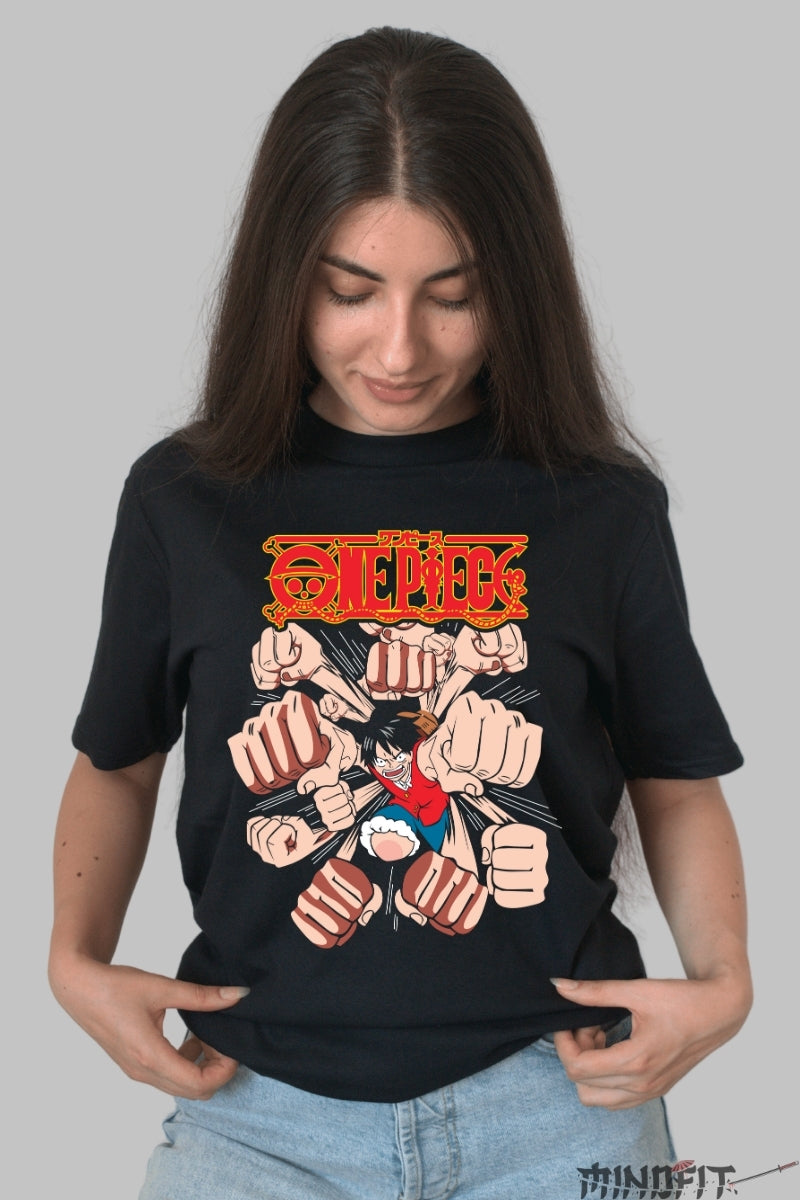 Tricou Anime One Piece - Luffy Gomu Gomu no Gatling dama negru