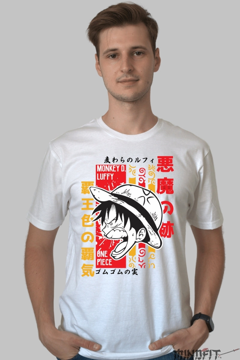 Tricou Anime One Piece - Luffy Haki Conqueror Gear barbat alb
