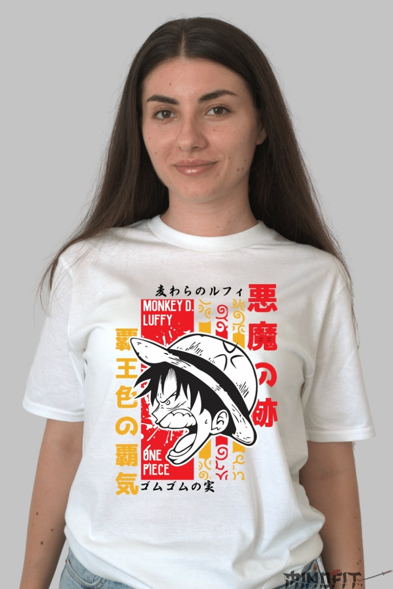 Tricou Anime One Piece - Luffy Haki Conqueror Gear dama alb
