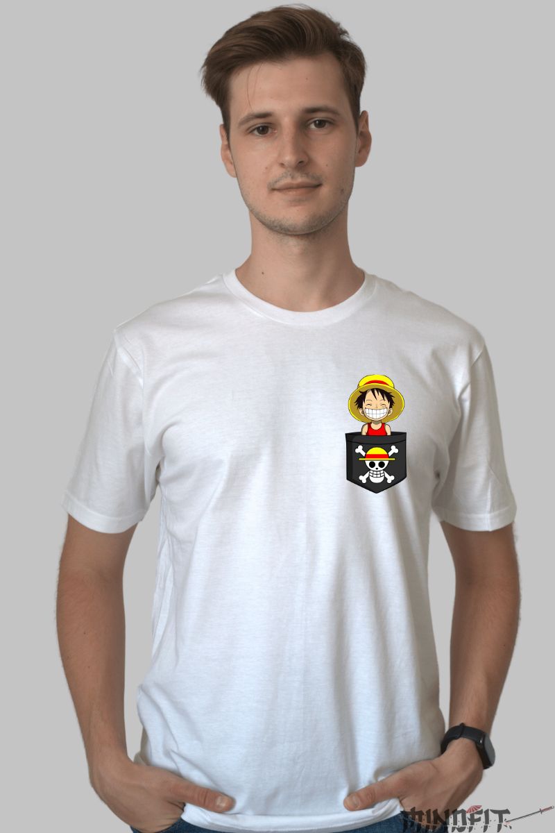 Tricou Anime One Piece Luffy in buzunar barbat alb