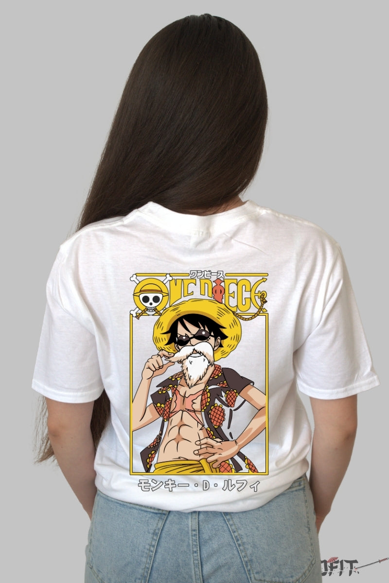 Tricou Anime One Piece - Luffy In Stilul Lui Master Roshi dama alb