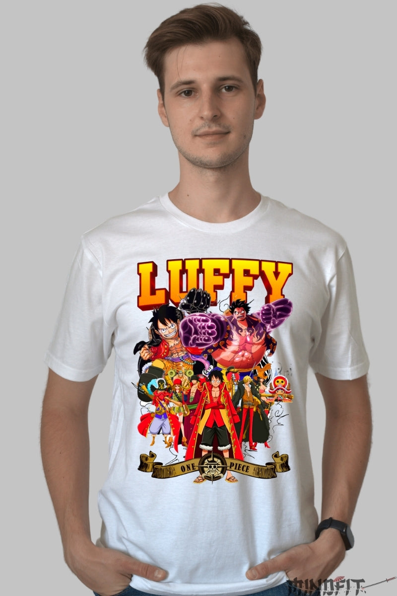 Tricou Anime One Piece - Luffy King of Pirates barbat alb