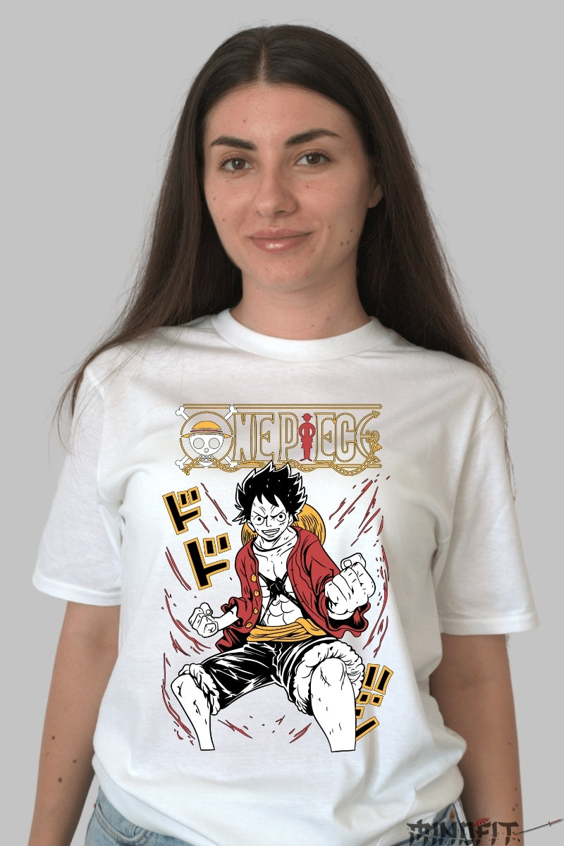 Tricou Anime One Piece - Luffy Red Rage Mode dama alb