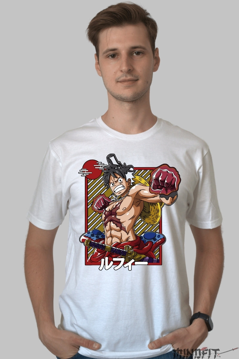 Tricou Anime One Piece - Luffy Red Warrior Edition barbat alb