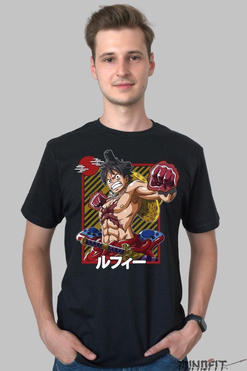 Tricou Anime One Piece - Luffy Red Warrior Edition barbat negru