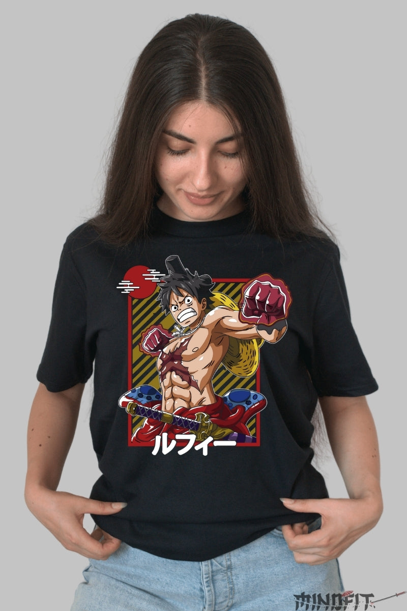 Tricou Anime One Piece - Luffy Red Warrior Edition dama negru