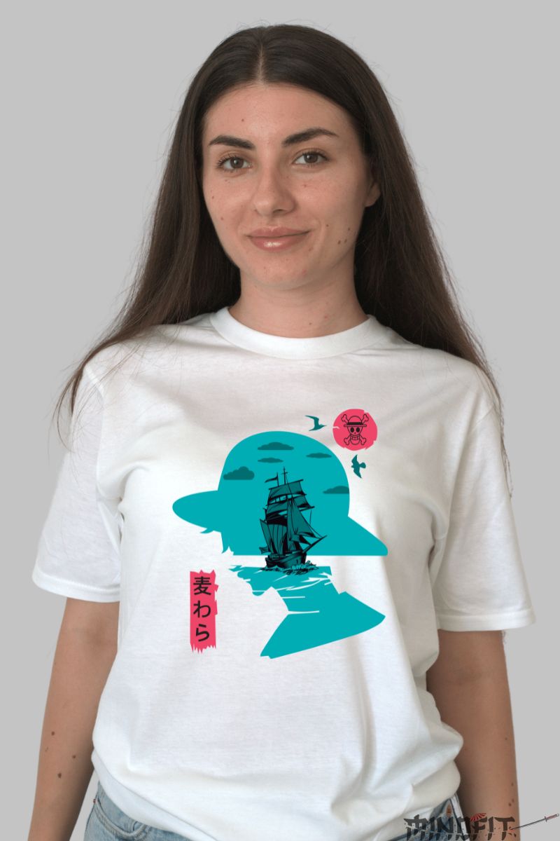 Tricou Anime One Piece Luffy si Corabia Sunny dama alb