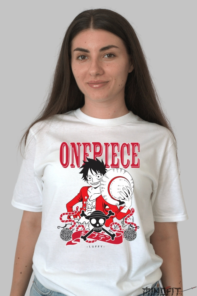 Tricou Anime One Piece - Luffy si Palarie de Paie dama alb