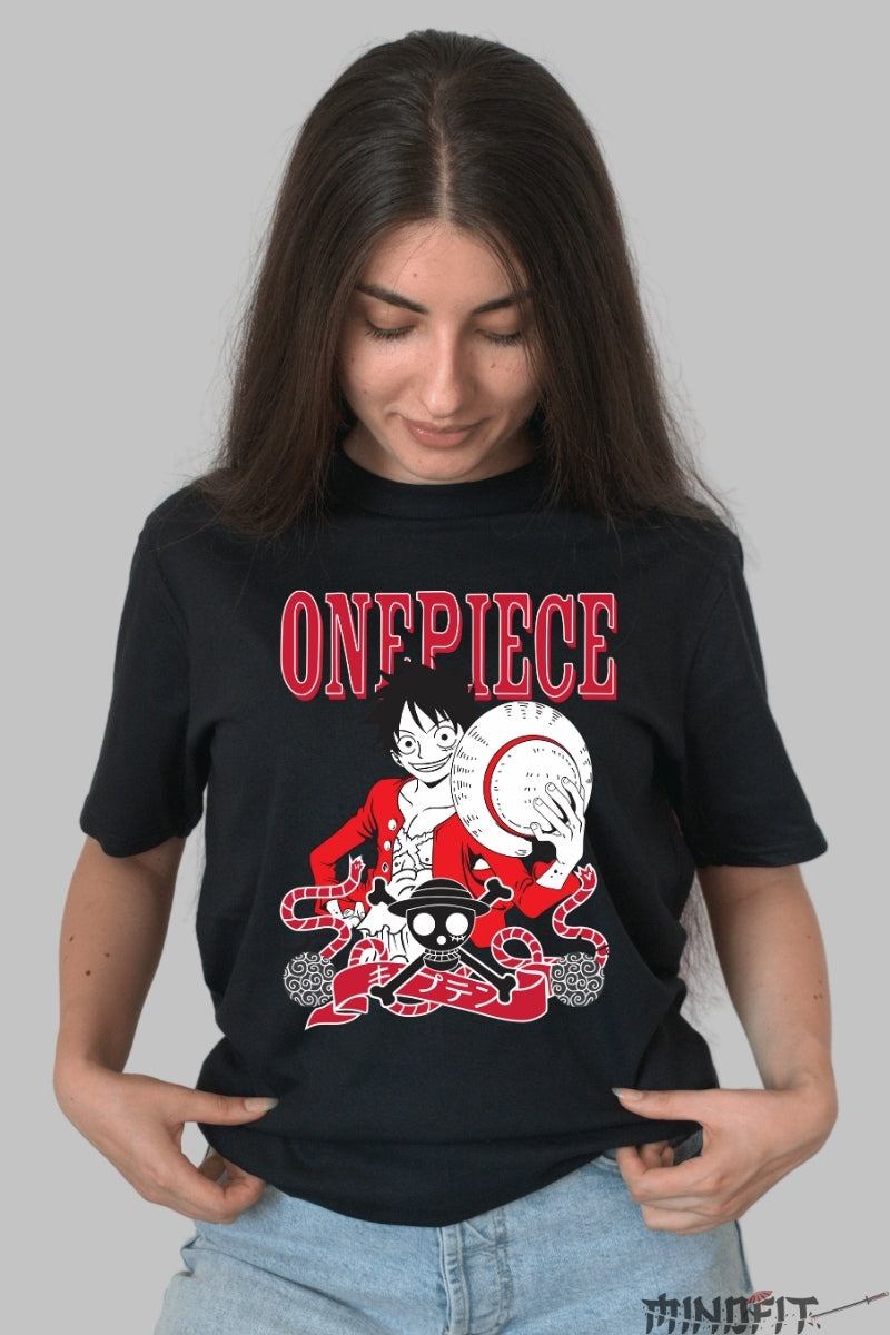 Tricou Anime One Piece - Luffy si Palarie de Paie dama negru