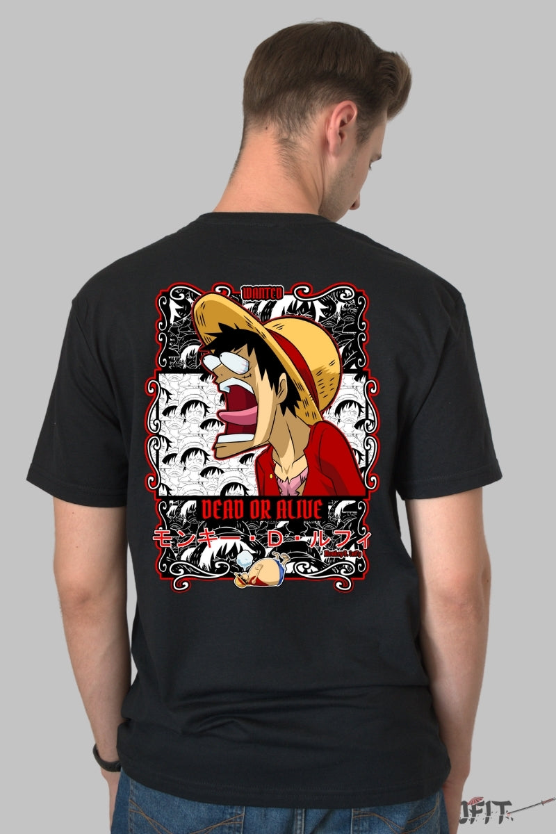 Tricou Anime One Piece - Luffy Wanted Dead or Alive barbat negru