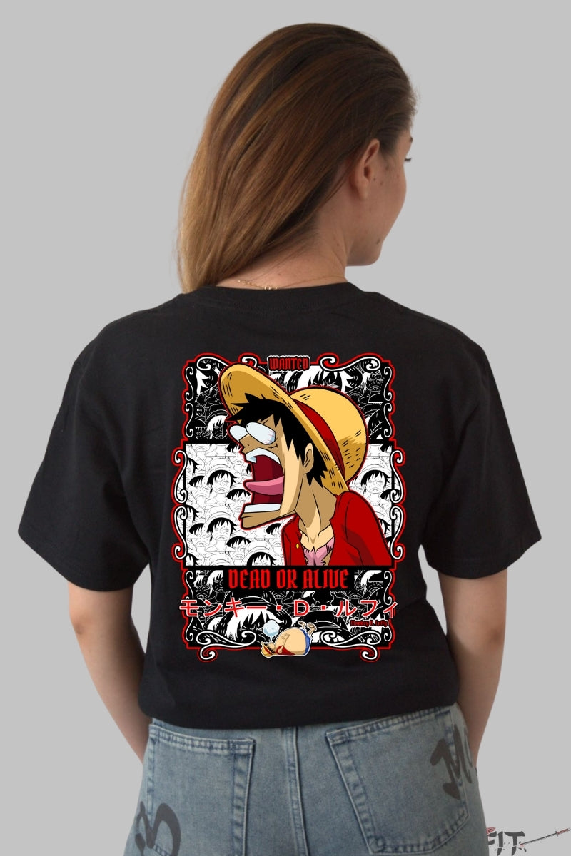 Tricou Anime One Piece - Luffy Wanted Dead or Alive dama negru