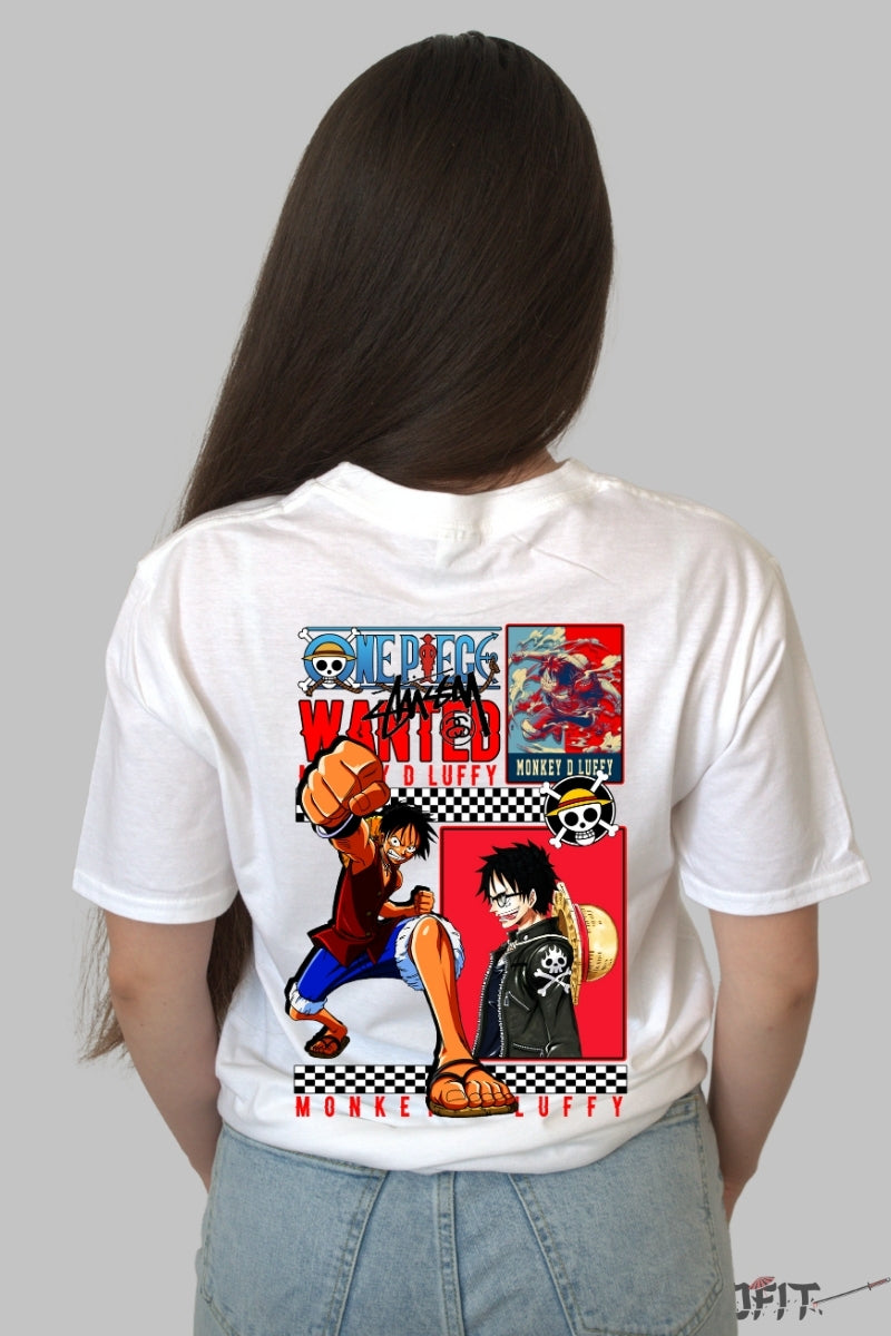 Tricou Anime One Piece - Luffy Wanted Force dama alb
