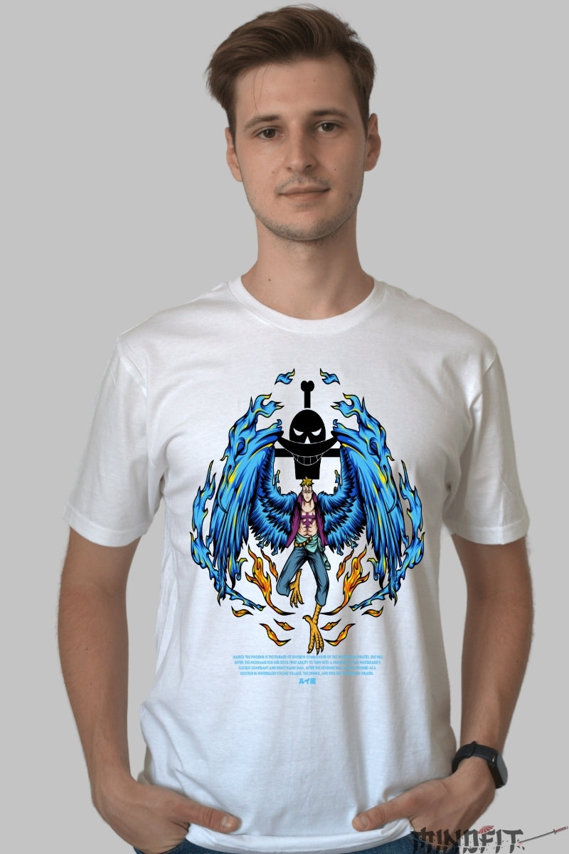 Tricou Anime One Piece - Marco Phoenix Fire Wings barbat alb