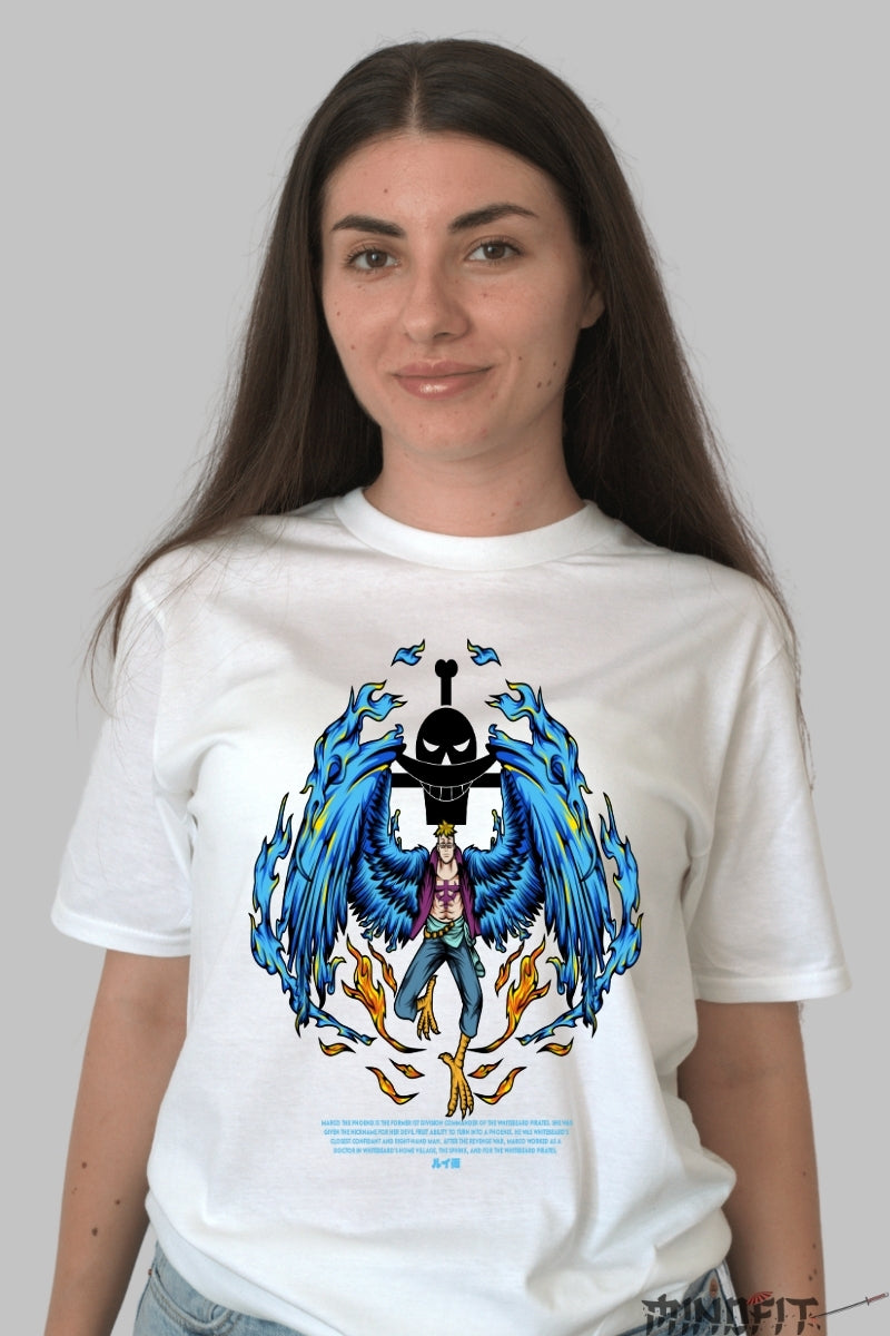 Tricou Anime One Piece - Marco Phoenix Fire Wings dama alb
