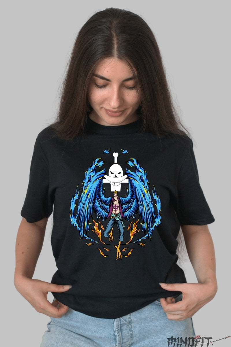 Tricou Anime One Piece - Marco Phoenix Fire Wings dama negru