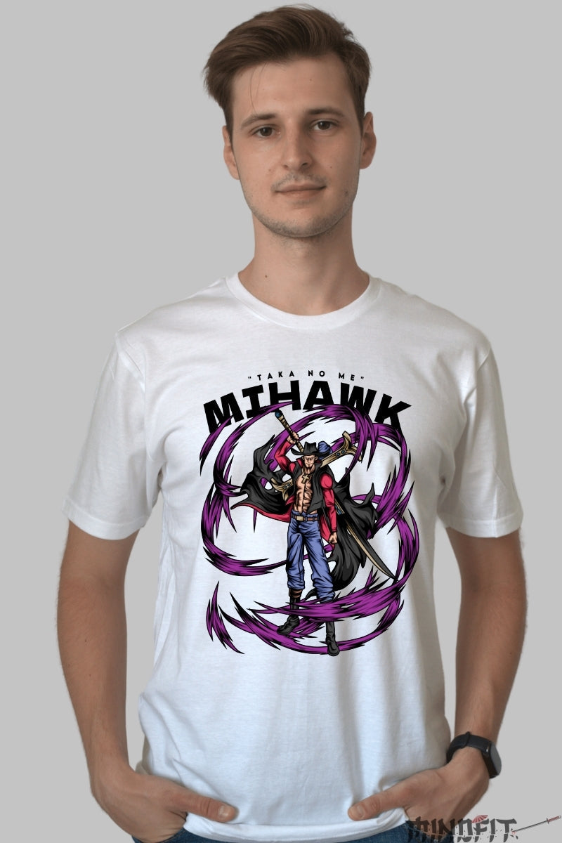 Tricou Anime One Piece - Mihawk Taka no Me barbat alb
