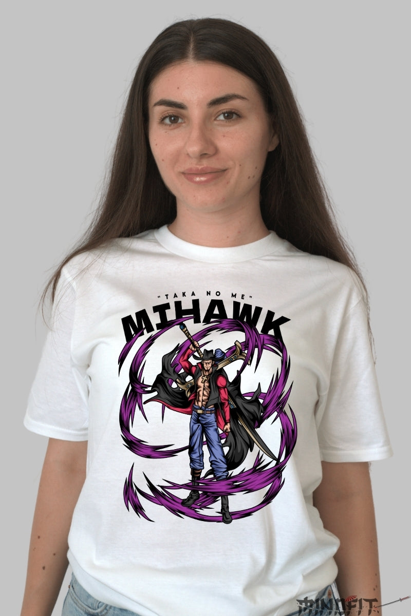 Tricou Anime One Piece - Mihawk Taka no Me dama alb