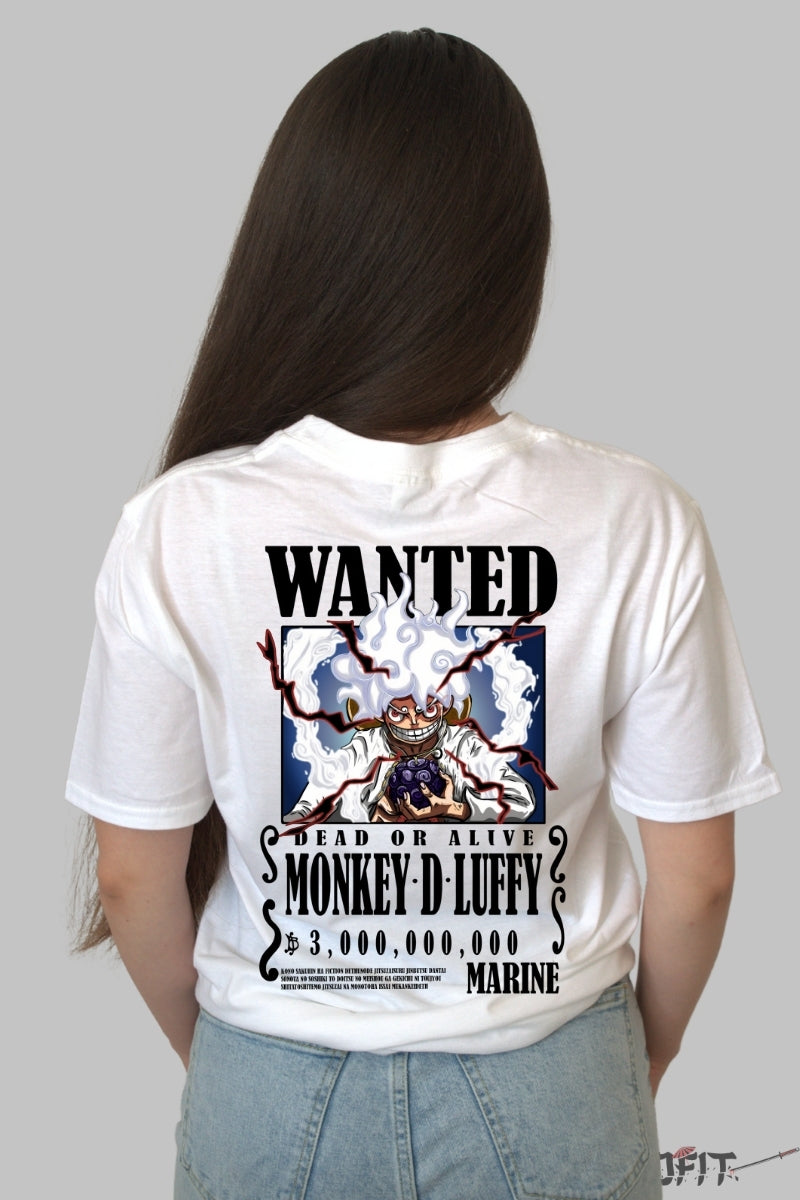 Tricou Anime One Piece - Monkey D. Luffy Gear 5 Wanted dama alb