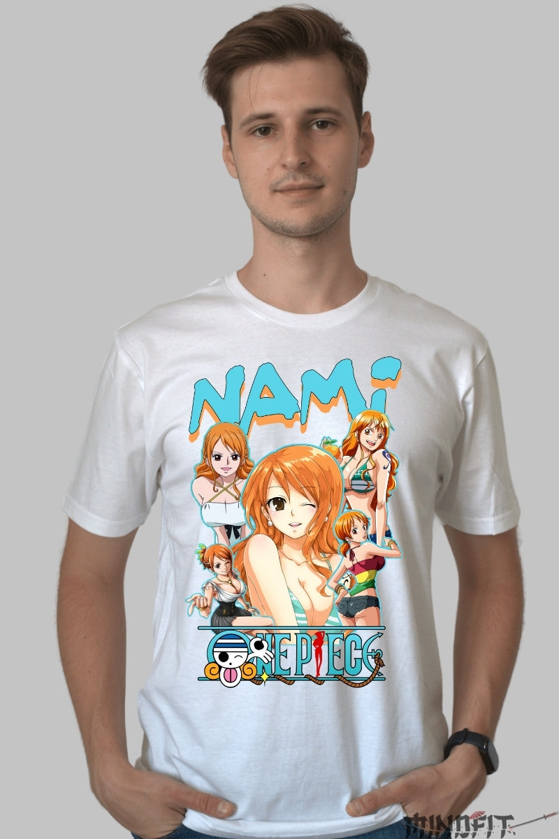 Tricou Anime One Piece - Nami in Stiluri Iconice barbat alb