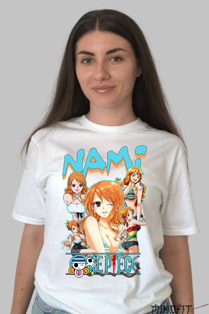 Tricou Anime One Piece - Nami in Stiluri Iconice dama alb