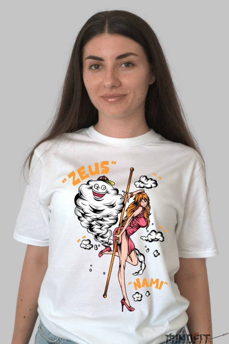 Tricou Anime One Piece - Nami si Zeus in actiune dama alb